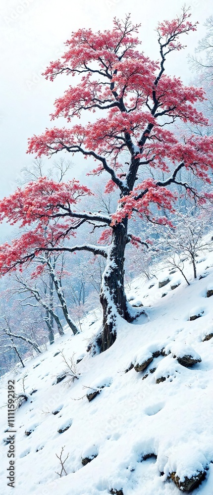 Red mountain ash with snow-covered tree trunks and branches, forest floor, red mountain ash Red mountain ash with snow-covered tree trunks and branches, forest floor, red mountain ash