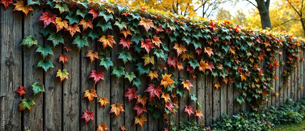 Vines wrapped around wooden fence with vibrant fall leaves , colorful leaves, seasonal accents, rustic decor Vines wrapped around wooden fence with vibrant fall leaves , colorful leaves, seasonal accents, rustic decor