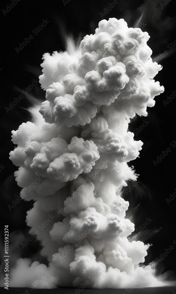 Fototapeta premium Unusual inverted white powder cloud on black background, unconventional, odd, artistic, upside-down