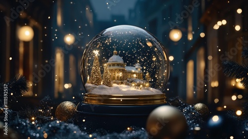 Intricately designed snow globe with golden accents, resting in a navy-blue setting filled with luminous stars and festive ambiance.