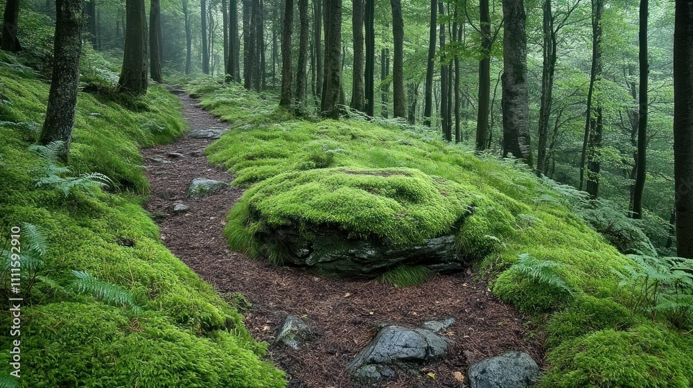 A small rock formation along a forest path covered in moss and ferns. A small rock formation along a forest path covered in moss and ferns.