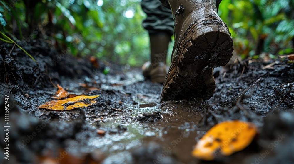 Close-up of hiking boots through muddy forest ground, scattered leaves and roots. Natural beauty and challenging terrain. Close-up of hiking boots through muddy forest ground, scattered leaves and roots. Natural beauty and challenging terrain.