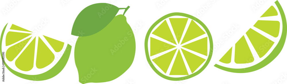  Slice of fresh green lemon summer set. Fresh lemon fruits collection