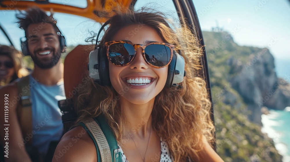 Friends sharing smiles and excitement inside a helicopter as they hover over scenic waterfalls lush green forest enhancing the magic of the tour Friends sharing smiles and excitement inside a helicopter as they hover over scenic waterfalls lush green forest enhancing the magic of the tour