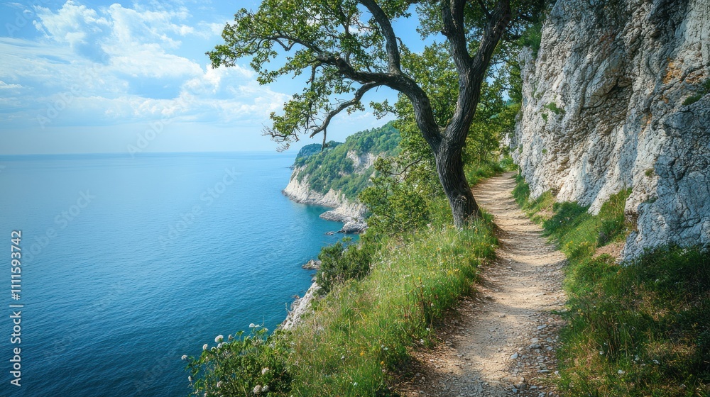 A difficult hiking trail on a steep cliff in a pristine natural setting A difficult hiking trail on a steep cliff in a pristine natural setting