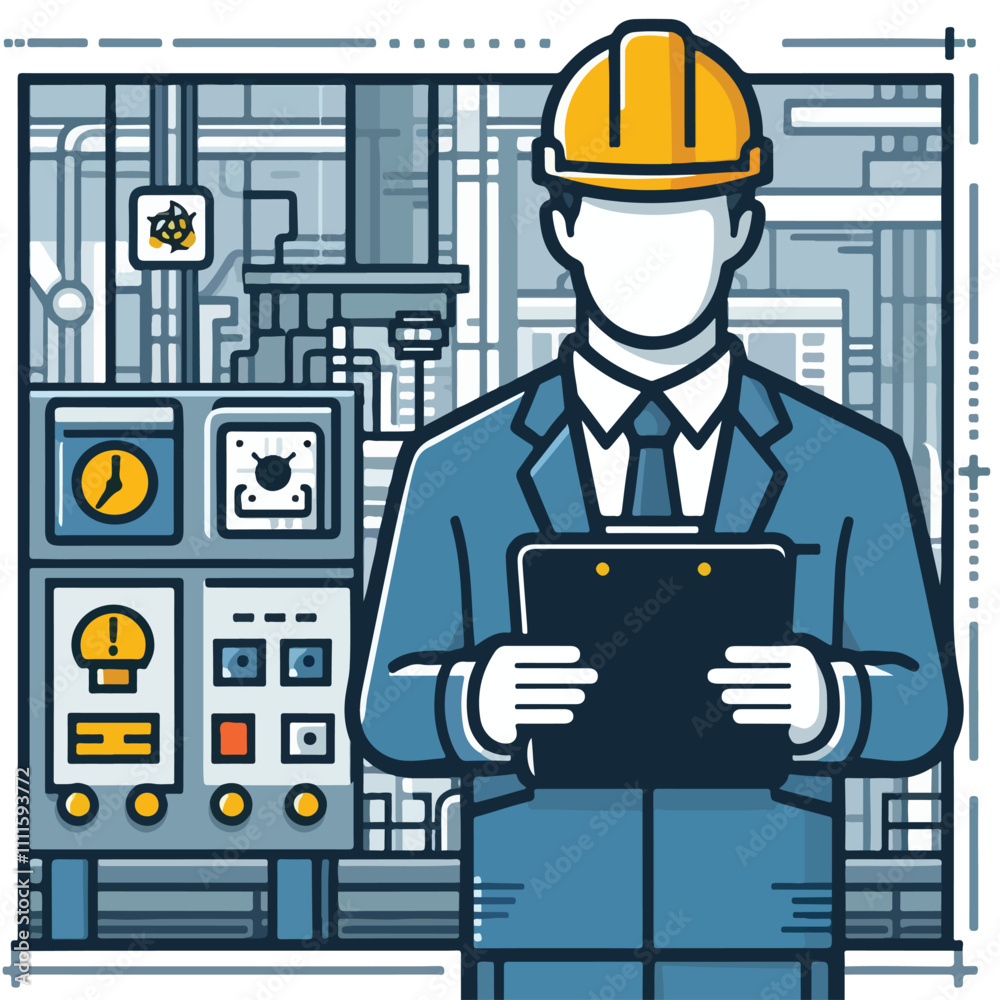 A worker in a yellow hard hat operates a in an industrial setting. The background includes machinery and control panels. Vector illustration icon on a white background A worker in a yellow hard hat operates a in an industrial setting. The background includes machinery and control panels. Vector illustration icon on a white background
