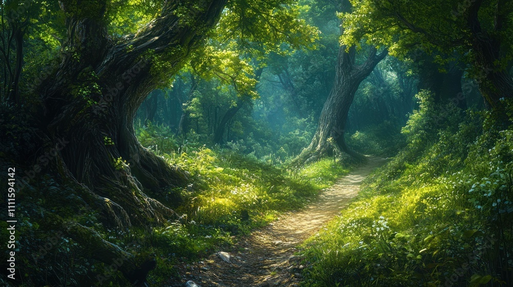 A winding forest path in a deep forest filled with large trees and vines reaching up to the sky. A winding forest path in a deep forest filled with large trees and vines reaching up to the sky.
