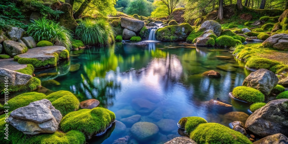 Serene Pond Flowing Over Mossy Rocks - Drone Shot Serene Pond Flowing Over Mossy Rocks - Drone Shot