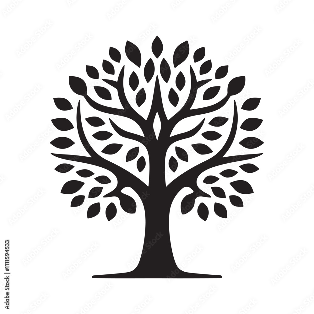 Tree with leaves symbol silhouette vector black and white isolated illustration. Nature, forest, plant, big tree. Tree with leaves symbol silhouette vector black and white isolated illustration. Nature, forest, plant, big tree.