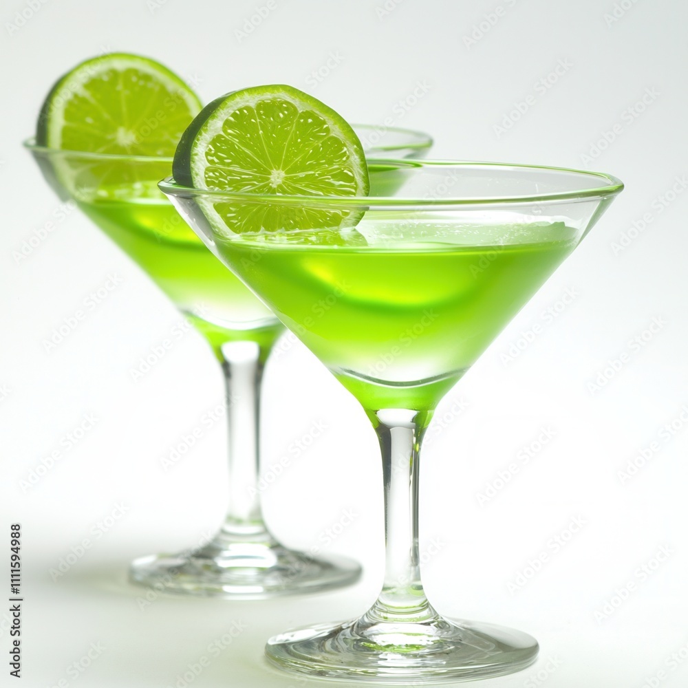 Two vibrant green cocktails garnished with lime slices, served in elegant martini glasses. Two vibrant green cocktails garnished with lime slices, served in elegant martini glasses.