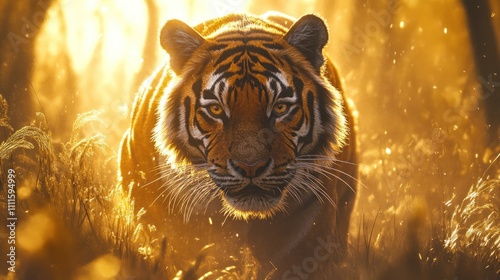 Close-up of a tiger prowling through tall grass in a dense forest golden sunlight illuminating its intense gaze majestic and powerful photo