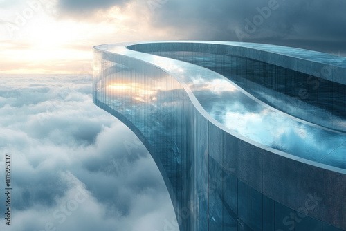 A building soaring above the clouds under a moody sky. photo