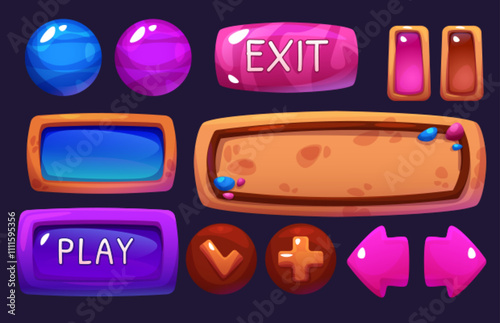 Computer game ui buttons set isolated on black background. Vector cartoon illustration of progress bar, round and rectangle frames, border templates, arrow signs, gaming app design elements kit