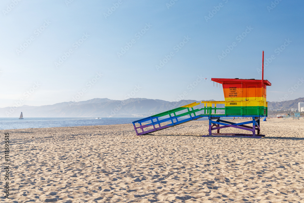 Vibrant lifeguard tower painted in LGBTQ rainbow colors Vibrant lifeguard tower painted in LGBTQ rainbow colors