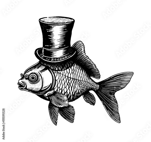 gold fish top hat engraving black and white outline