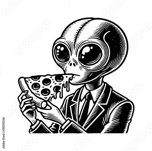 alien eating pizza engraving black and white outline