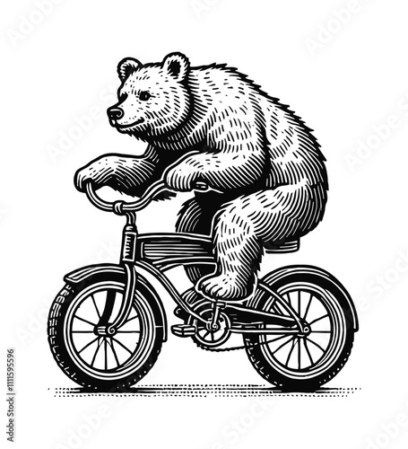 bear riding bike engraving black and white outline