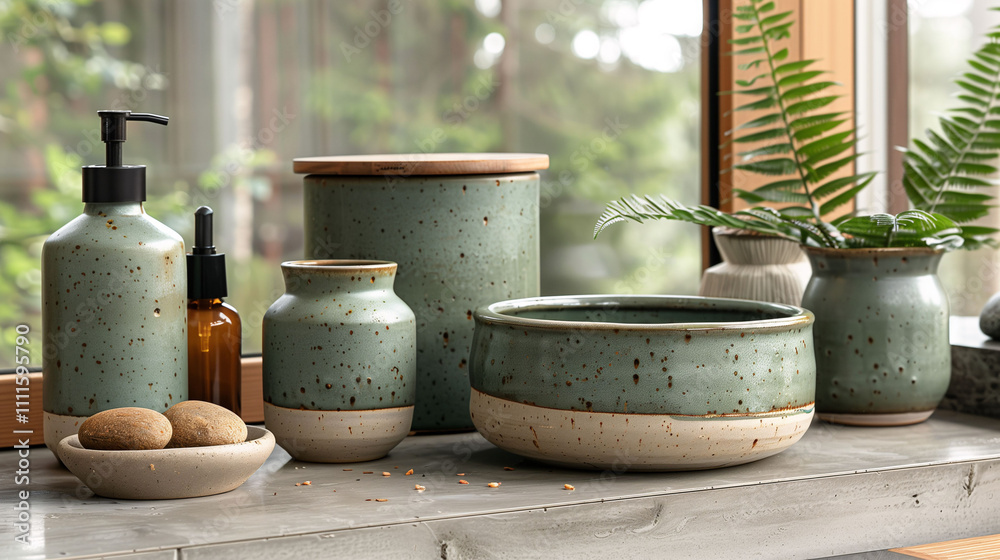 Rustic Ceramic Containers and Vases with Green Glaze Rustic Ceramic Containers and Vases with Green Glaze