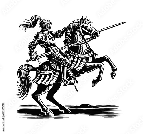 medieval knight on a rearing horse engraving black and white outline