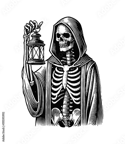 skull hood old lamp engraving black and white outline