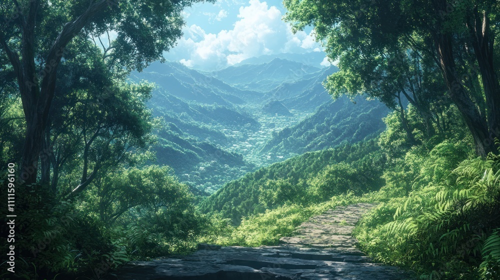 A view from a hilltop revealing a forest path leading into the lush jungle. A view from a hilltop revealing a forest path leading into the lush jungle.