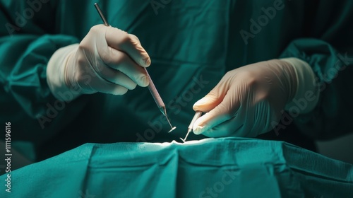 Dentist teeth treatment design. Surgical hands performing an operation with instruments. photo