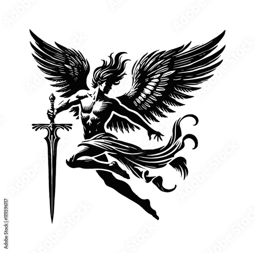 angle fly sword silhouette engraving black and white outline