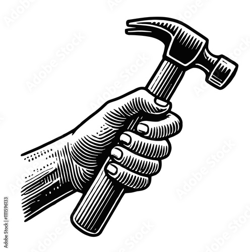 hand holding hammer engraving black and white outline