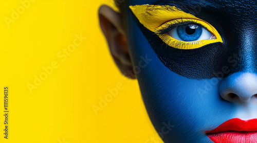 boy, 8 years old, Vibrant and artistic makeup on the beautiful face of topmodel from Egypt, fashionista look photo