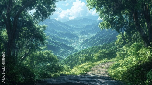 A view from a hilltop revealing a forest path leading into the lush jungle. photo