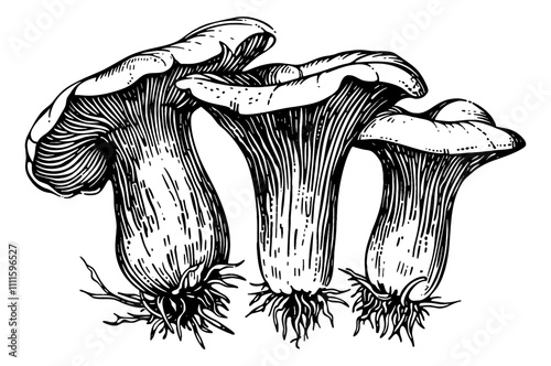 mushroom chanterelles engraving black and white outline