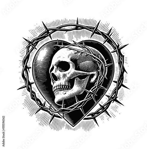 skull love thorny branches engraving black and white outline