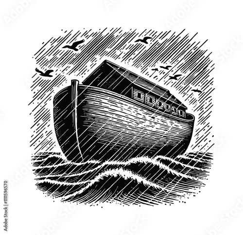 wooden ark floating on the water during a heavy storm engraving black and white outline