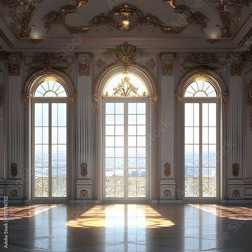 a room with a large window that has the sun shining through it. Generative AI