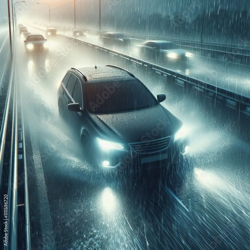 84 Car in a Rainstorm on a Highway A fast moving vehicle on a hi photo