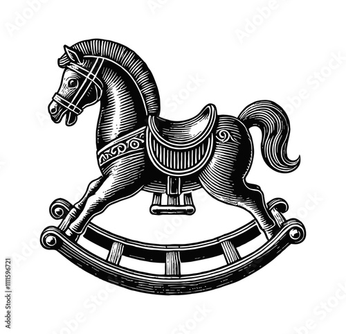 rocking horse toy engraving black and white outline