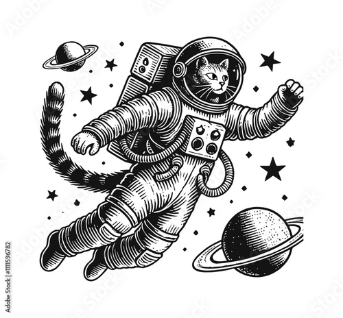 cat astronaut suit engraving black and white outline