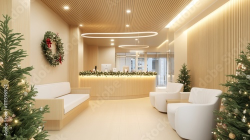 A warm  festive reception area decorated for the holidays with greenery and soft lighting.