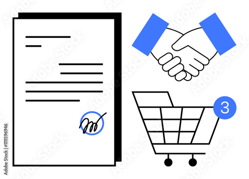 Signed contract document, handshake emotion representing partnership, shopping cart with number 3. Ideal for business deals, e-commerce, agreements, partnerships, online shopping, retail