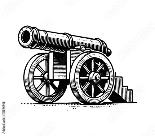 retro cannon engraving black and white outline