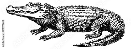crocodile engraving black and white outline