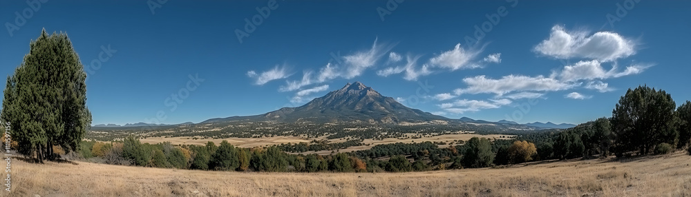 Panoramic view of mountain landscape under a blue sky with wispy clouds. Panoramic view of mountain landscape under a blue sky with wispy clouds.