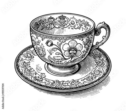 antique porcelain tea cup and saucer engraving black and white outline