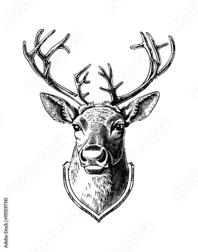 deer head stuffed engraving black and white outline