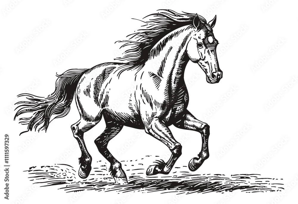 horse running prancing engraving black and white outline