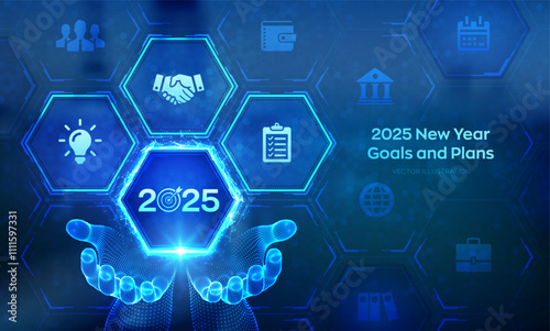 2025 New year Goals and plans icon in wireframe hands. Business plan and strategies. Goal acheiveement and success in 2025. Resolutions, plan, action, checklist concept. Vector illustration.