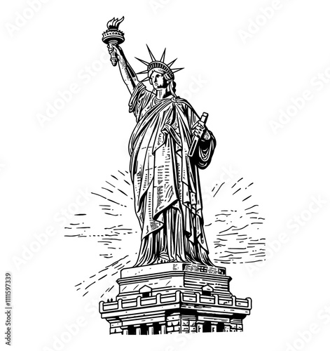 statue liberty engraving black and white outline