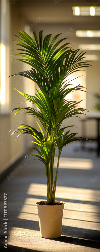 Fototapeta premium Potted palm plant in sunlit interior.