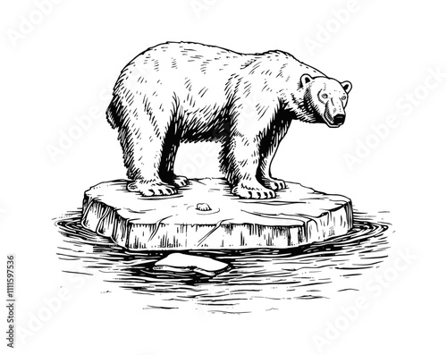 polar bear on ice float engraving black and white outline