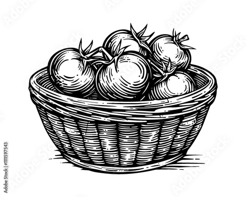 wooden basket tomatoes engraving black and white outline